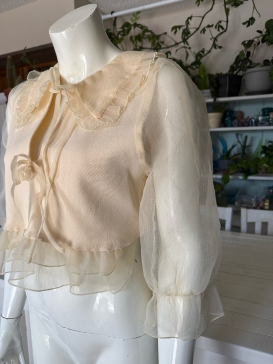 Zara organza knit Sheer Ruffle-Trim Cream Blouse with Tie Neck NWOT Sm - Picture 8 of 16